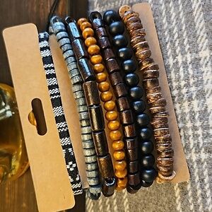 Boho Wooden Bead and Textile Stacked Bracelets